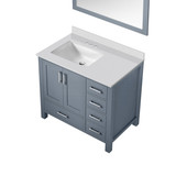 Lexora Jacques 36" Dark Grey Single Vanity Cabinet, White Quartz Top, White Square Sink and 34" Mirror - Left Version