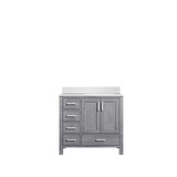 Lexora Jacques 36" Distressed Grey Single Vanity Cabinet, White Quartz Top, White Square Sink and no Mirror - Right Version