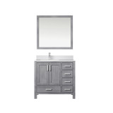 Lexora Jacques 36" Distressed Grey Single Vanity Cabinet, White Quartz Top, White Square Sink and 34" Mirror w/ Faucet - Left Version