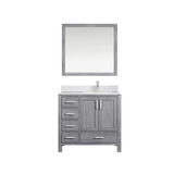 Lexora Jacques 36" Distressed Grey Single Vanity Cabinet, White Quartz Top, White Square Sink and 34" Mirror w/ Faucet - Right Version