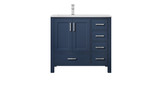 Lexora  LJ342236SEWQ000L Jacques 36" Navy Blue Single Vanity, White Quartz Top, White Square Sink and no Mirror - Left Version