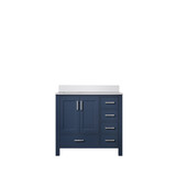 Lexora Jacques 36" Navy Blue Single Vanity Cabinet, White Quartz Top, White Square Sink and no Mirror - Left Version