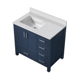 Lexora Jacques 36" Navy Blue Single Vanity Cabinet, White Quartz Top, White Square Sink and no Mirror - Left Version