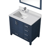 Lexora Jacques 36" Navy Blue Single Vanity Cabinet, White Quartz Top, White Square Sink and 34" Mirror w/ Faucet - Left Version