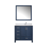 Lexora Jacques 36" Navy Blue Single Vanity Cabinet, White Quartz Top, White Square Sink and 34" Mirror w/ Faucet - Right Version