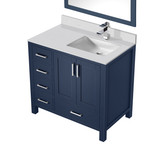 Lexora Jacques 36" Navy Blue Single Vanity Cabinet, White Quartz Top, White Square Sink and 34" Mirror w/ Faucet - Right Version
