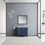 Lexora  LJ342236SEWQM34R Jacques 36" Navy Blue Single Vanity, White Quartz Top, White Square Sink and 34" Mirror - Right Version