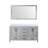 Lexora Jacques 60" Distressed Grey Double Vanity Cabinet, White Quartz Top, White Square Sinks and 58" Mirror