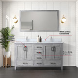 Lexora Jacques 60" Distressed Grey Double Vanity Cabinet, White Quartz Top, White Square Sinks and 58" Mirror w/ Faucets
