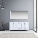 Lexora  LJ342272DAWQM70F Jacques 72" White Double Vanity, White Quartz Top, White Square Sinks and 70" Mirror w/ Faucets