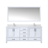 Lexora Jacques 72" White Double Vanity Cabinet, White Quartz Top, White Square Sinks and 70" Mirror w/ Faucets