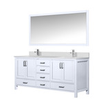 Lexora LJ342272DAWQM70F Jacques 72" White Double Vanity Cabinet, White Quartz Top, White Square Sinks and 70" Mirror w/ Faucets