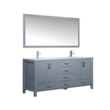 Lexora  LJ342272DBWQM70F Jacques 72" Dark Grey Double Vanity, White Quartz Top, White Square Sinks and 70" Mirror w/ Faucets