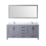 Lexora Jacques 72" Dark Grey Double Vanity Cabinet, White Quartz Top, White Square Sinks and 70" Mirror w/ Faucets
