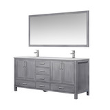 Lexora  LJ342272DDWQM70F Jacques 72" Distressed Grey Double Vanity, White Quartz Top, White Square Sinks and 70" Mirror w/ Faucets