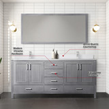 Lexora Jacques 72" Distressed Grey Double Vanity Cabinet, White Quartz Top, White Square Sinks and 70" Mirror w/ Faucets