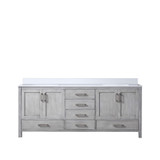 Lexora Jacques 80" Distressed Grey Double Vanity Cabinet, White Quartz Top, White Square Sinks and no Mirror