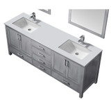 Lexora  LJ342280DDWQM30 Jacques 80" Distressed Grey Double Vanity, White Quartz Top, White Square Sinks and 30" Mirrors w/ Faucets