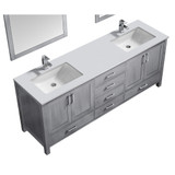 Lexora  LJ342280DDWQM30F Jacques 80" Distressed Grey Double Vanity, White Quartz Top, White Square Sinks and 30" Mirrors w/ Faucets