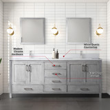 Lexora LJ342280DDWQM30F Jacques 80" Distressed Grey Double Vanity Cabinet, White Quartz Top, White Square Sinks and 30" Mirrors w/ Faucets