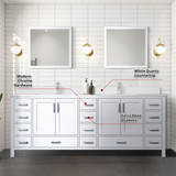 Lexora Jacques 84" White Double Vanity Cabinet, White Quartz Top, White Square Sinks and 34" Mirrors w/ Faucets