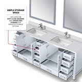 Lexora Jacques 84" White Double Vanity Cabinet, White Quartz Top, White Square Sinks and 34" Mirrors w/ Faucets