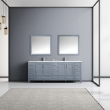 Lexora  LJ342284DBWQM34F Jacques 84" Dark Grey Double Vanity, White Quartz Top, White Square Sinks and 34" Mirrors w/ Faucets