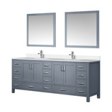 Lexora LJ342284DBWQM34F Jacques 84" Dark Grey Double Vanity Cabinet, White Quartz Top, White Square Sinks and 34" Mirrors w/ Faucets
