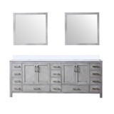 Lexora Jacques 84" Distressed Grey Double Vanity Cabinet, White Quartz Top, White Square Sinks and 34" Mirrors