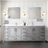 Lexora Jacques 84" Distressed Grey Double Vanity Cabinet, White Quartz Top, White Square Sinks and 34" Mirrors w/ Faucets