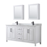 Wyndham WCV252572DWBCMUNSMED Daria 72 Inch Double Bathroom Vanity in White, White Carrara Marble Countertop, Undermount Square Sinks, Matte Black Trim, Medicine Cabinets