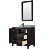 Wyndham WCV252536SEBCMUNSM24 Daria 36 Inch Single Bathroom Vanity in Dark Espresso, White Carrara Marble Countertop, Undermount Square Sink, Matte Black Trim, 24 Inch Mirror