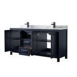 Wyndham WCV252572DBBCMUNSMXX Daria 72 Inch Double Bathroom Vanity in Dark Blue, White Carrara Marble Countertop, Undermount Square Sinks, Matte Black Trim