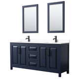 Wyndham WCV252572DBBWCUNSM24 Daria 72 Inch Double Bathroom Vanity in Dark Blue, White Cultured Marble Countertop, Undermount Square Sinks, Matte Black Trim, 24 Inch Mirrors