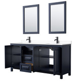 Wyndham WCV252572DBBWCUNSM24 Daria 72 Inch Double Bathroom Vanity in Dark Blue, White Cultured Marble Countertop, Undermount Square Sinks, Matte Black Trim, 24 Inch Mirrors