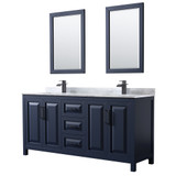 Wyndham WCV252572DBBCMUNSM24 Daria 72 Inch Double Bathroom Vanity in Dark Blue, White Carrara Marble Countertop, Undermount Square Sinks, Matte Black Trim, 24 Inch Mirrors