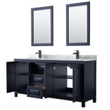 Wyndham WCV252572DBBCMUNSM24 Daria 72 Inch Double Bathroom Vanity in Dark Blue, White Carrara Marble Countertop, Undermount Square Sinks, Matte Black Trim, 24 Inch Mirrors