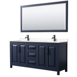 Wyndham WCV252572DBBC2UNSM70 Daria 72 Inch Double Bathroom Vanity in Dark Blue, Carrara Cultured Marble Countertop, Undermount Square Sinks, Matte Black Trim, 70 Inch Mirror