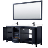 Wyndham WCV252572DBBWCUNSM70 Daria 72 Inch Double Bathroom Vanity in Dark Blue, White Cultured Marble Countertop, Undermount Square Sinks, Matte Black Trim, 70 Inch Mirror