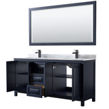 Wyndham WCV252572DBBCMUNSM70 Daria 72 Inch Double Bathroom Vanity in Dark Blue, White Carrara Marble Countertop, Undermount Square Sinks, Matte Black Trim, 70 Inch Mirror