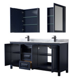 Wyndham WCV252572DBBCMUNSMED Daria 72 Inch Double Bathroom Vanity in Dark Blue, White Carrara Marble Countertop, Undermount Square Sinks, Matte Black Trim, Medicine Cabinets