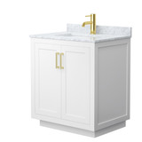 Wyndham WCF292930SWGCMUNSMXX Miranda 30 Inch Single Bathroom Vanity in White, White Carrara Marble Countertop, Undermount Square Sink, Brushed Gold Trim