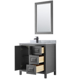 Wyndham WCV252536SGBCMUNSM24 Daria 36 Inch Single Bathroom Vanity in Dark Gray, White Carrara Marble Countertop, Undermount Square Sink, Matte Black Trim, 24 Inch Mirror