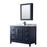 Wyndham WCV252548SBBCMUNSMED Daria 48 Inch Single Bathroom Vanity in Dark Blue, White Carrara Marble Countertop, Undermount Square Sink, Matte Black Trim, Medicine Cabinet