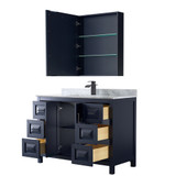 Wyndham WCV252548SBBCMUNSMED Daria 48 Inch Single Bathroom Vanity in Dark Blue, White Carrara Marble Countertop, Undermount Square Sink, Matte Black Trim, Medicine Cabinet