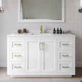 Wyndham WCF292954SWGC2UNSM46 Miranda 54 Inch Single Bathroom Vanity in White, Carrara Cultured Marble Countertop, Undermount Square Sink, Brushed Gold Trim, 46 Inch Mirror