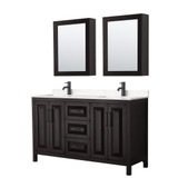 Wyndham WCV252560DEBC2UNSMED Daria 60 Inch Double Bathroom Vanity in Dark Espresso, Carrara Cultured Marble Countertop, Undermount Square Sinks, Matte Black Trim, Medicine Cabinets