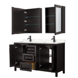 Wyndham WCV252560DEBC2UNSMED Daria 60 Inch Double Bathroom Vanity in Dark Espresso, Carrara Cultured Marble Countertop, Undermount Square Sinks, Matte Black Trim, Medicine Cabinets