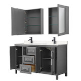 Wyndham WCV252560DGBC2UNSMED Daria 60 Inch Double Bathroom Vanity in Dark Gray, Carrara Cultured Marble Countertop, Undermount Square Sinks, Matte Black Trim, Medicine Cabinets