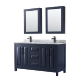 Wyndham WCV252560DBBCMUNSMED Daria 60 Inch Double Bathroom Vanity in Dark Blue, White Carrara Marble Countertop, Undermount Square Sinks, Matte Black Trim, Medicine Cabinets